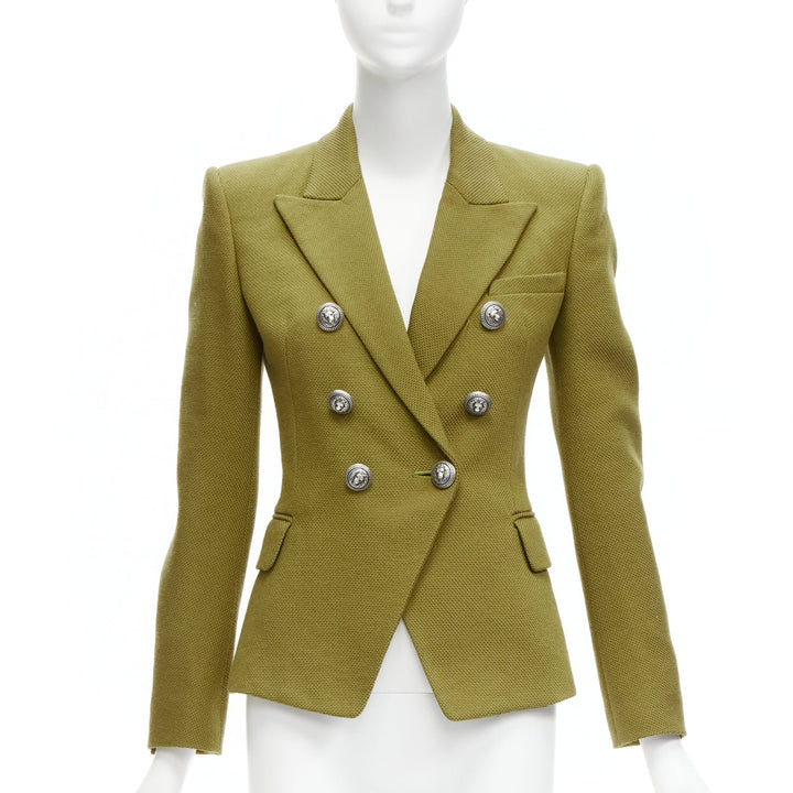 BALMAIN green silver lion button double breasted military blazer jacket FR36 S