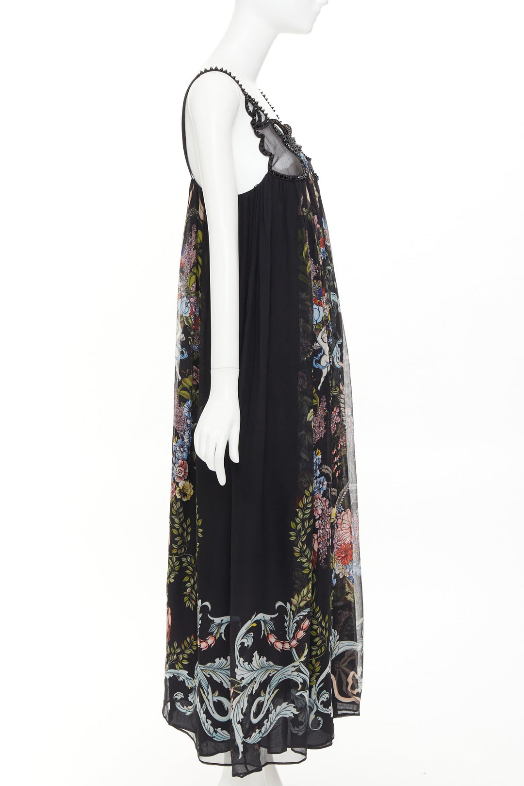 rare FENDI 2017 Riwau Blazon Cherub Gauze black silk empire gown dress FR38 M