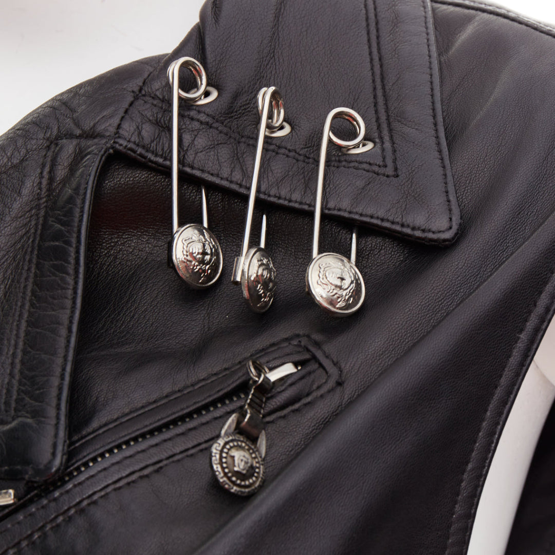 GIANNI VERSACE 1994 Vintage leather medusa safety pin biker vest IT38 XS