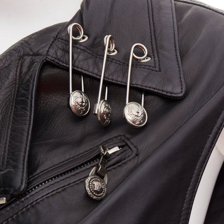 GIANNI VERSACE 1994 Vintage leather medusa safety pin biker vest IT38 XS