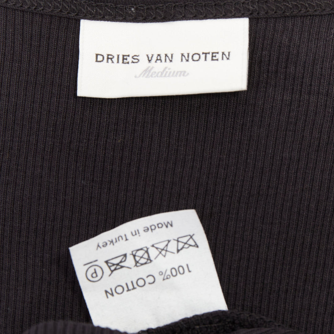 DRIES VAN NOTEN 2020 black ribbed cotton long ribbon shoulder tank top M