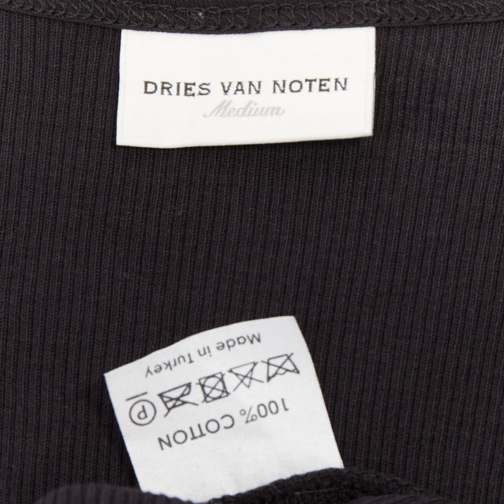 DRIES VAN NOTEN 2020 black ribbed cotton long ribbon shoulder tank top M