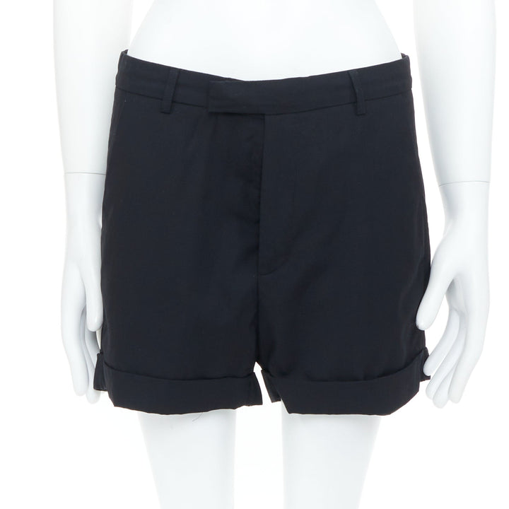 RAF SIMONS 2009 black wool mid rise tailored turn up trouser shorts EU50 L