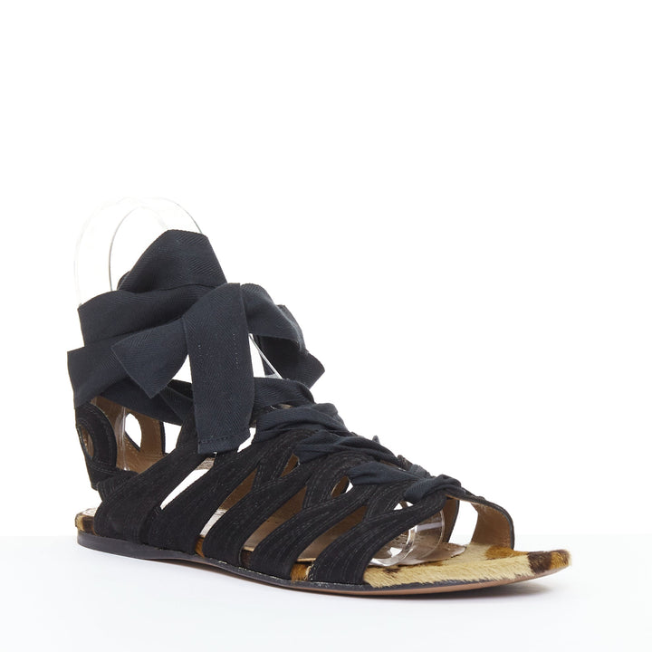 ALAIA black suede leopard pony hair wrap tie lace up gladiator sandals EU36.5