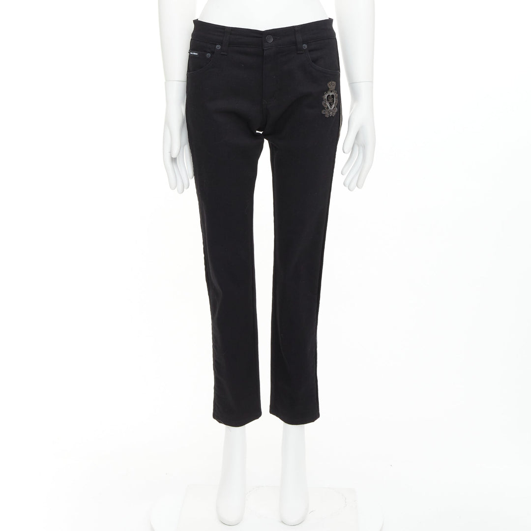 DOLCE GABBANA DENIM Skinny black heart logo embroidered cropped jeans