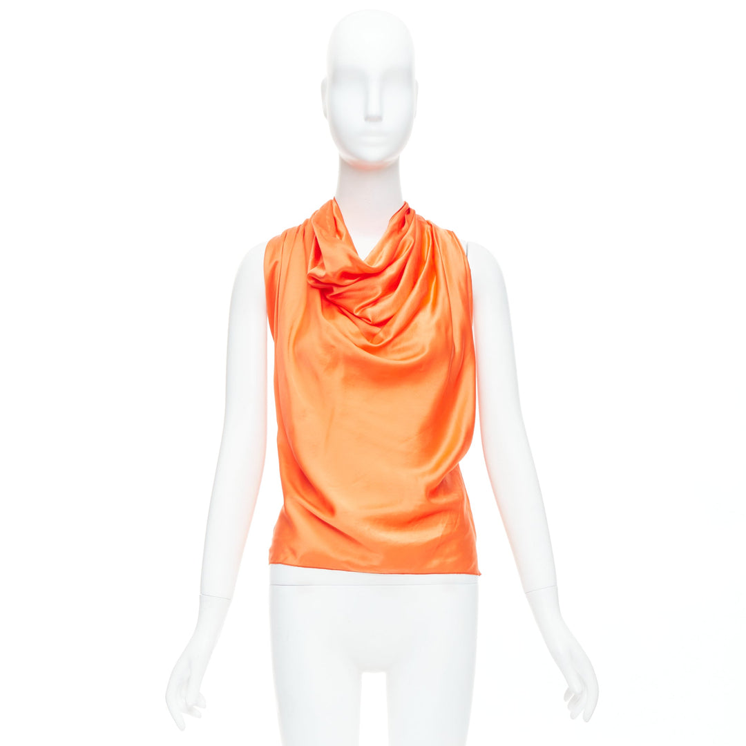 LANVIN 2010 tangerine orange 100% silk cowl neck draped top FR36 S