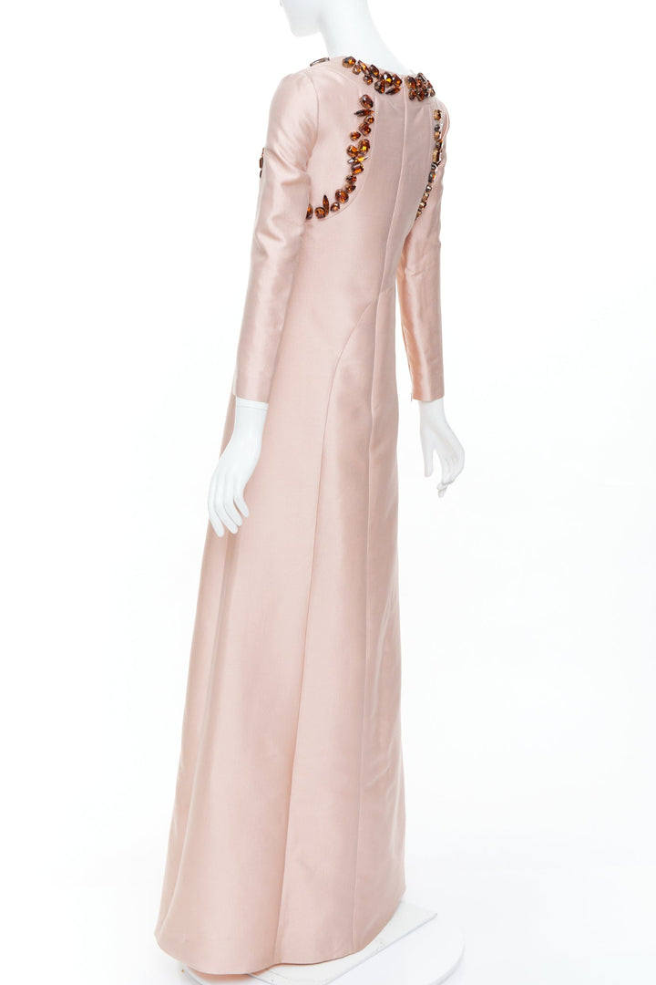 PRADA 2014 jewel embellished brown blush wool silk gown IT38 XS