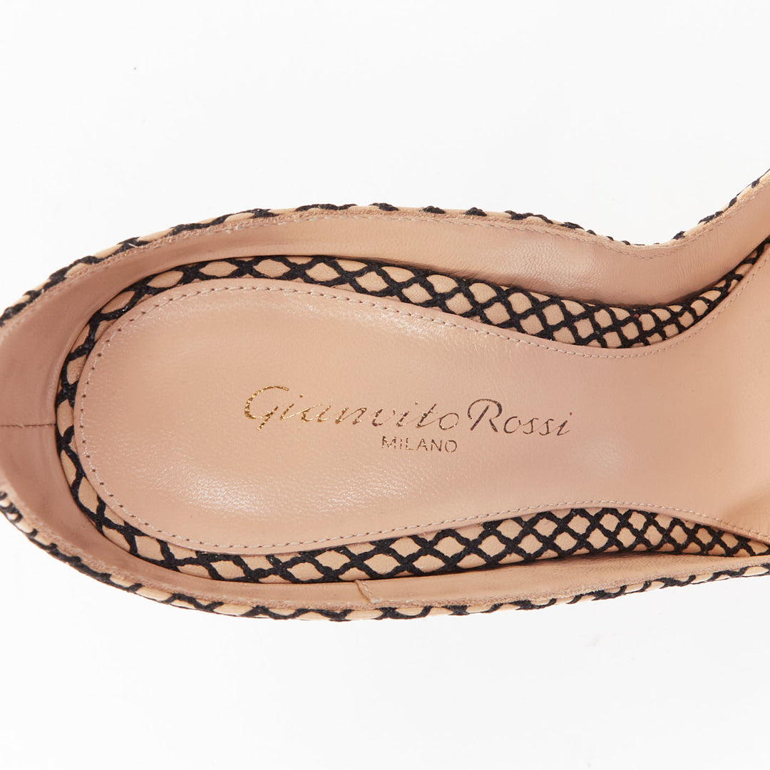 GIANVITO ROSSI Sofia nude nappa black fishnet ankle straps pumps EU37.5
