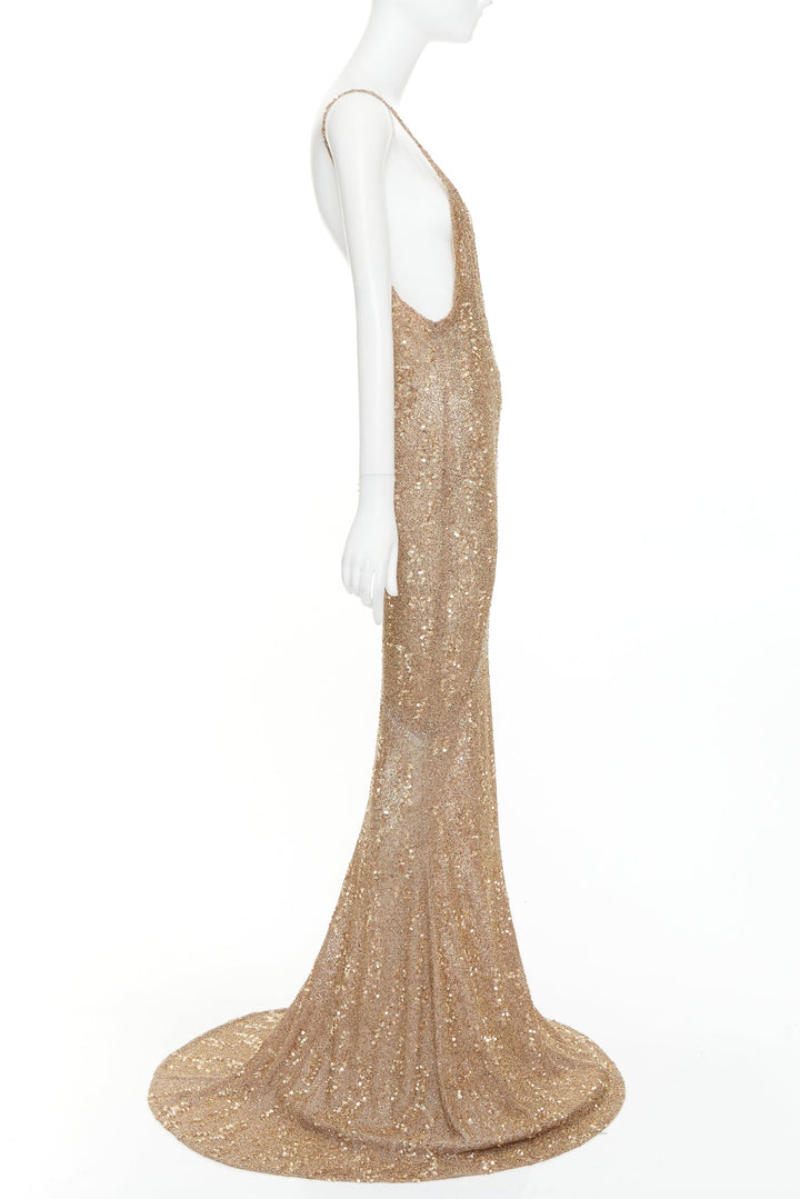 rare ALEXANDRE VAUTHIER COUTURE gold bead sequin embellished plunge evening