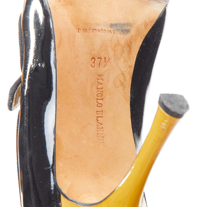 MANOLO BLAHNIK black patent leather nude panel peep heels EU37.5