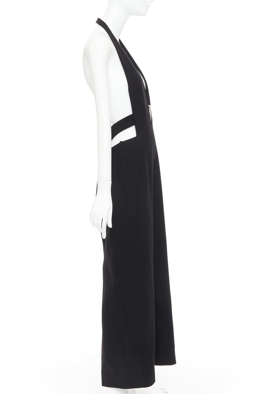 SAINT LAURENT 2022 Runway black plunge neck crystal low back wool dress FR40 L