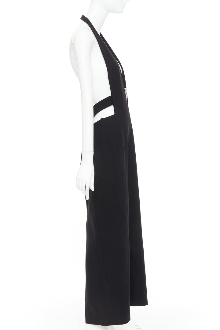 SAINT LAURENT 2022 Runway black plunge neck crystal low back wool dress FR40 L