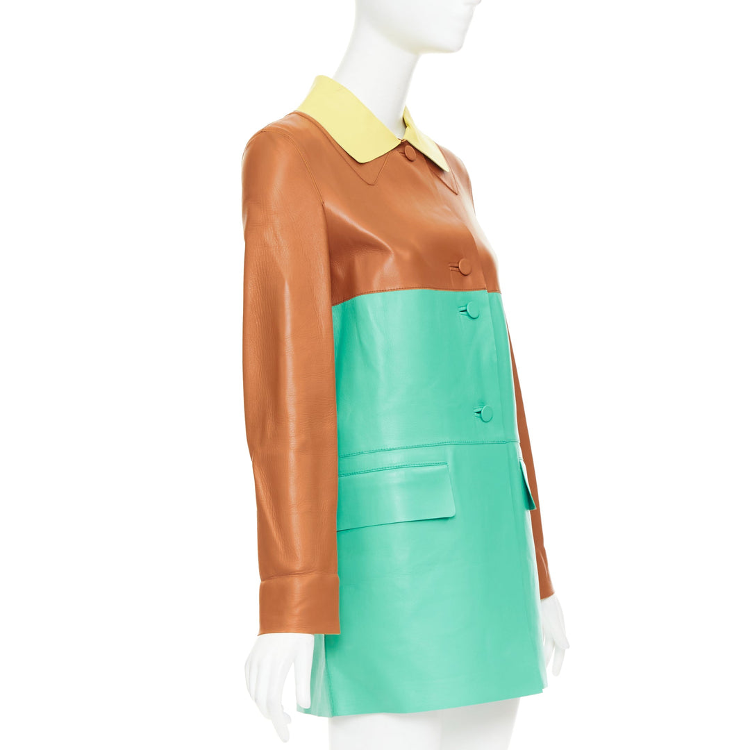 MARNI SS2015 yellow tan turquoise colorblocked lambskin leather coat IT38 XS