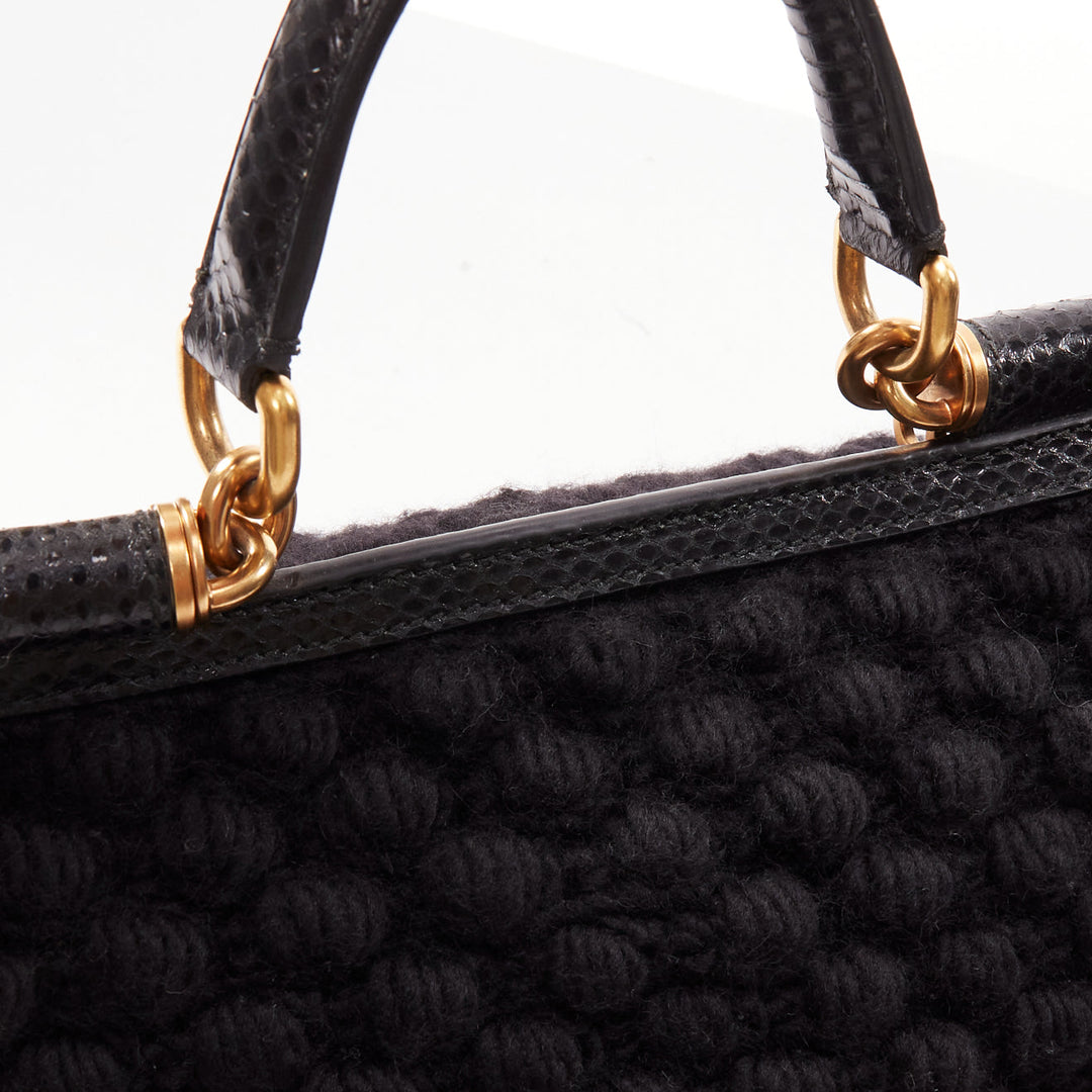 DOLCE GABBANA Miss Sicily black crochet scaled leather trim top handle bag