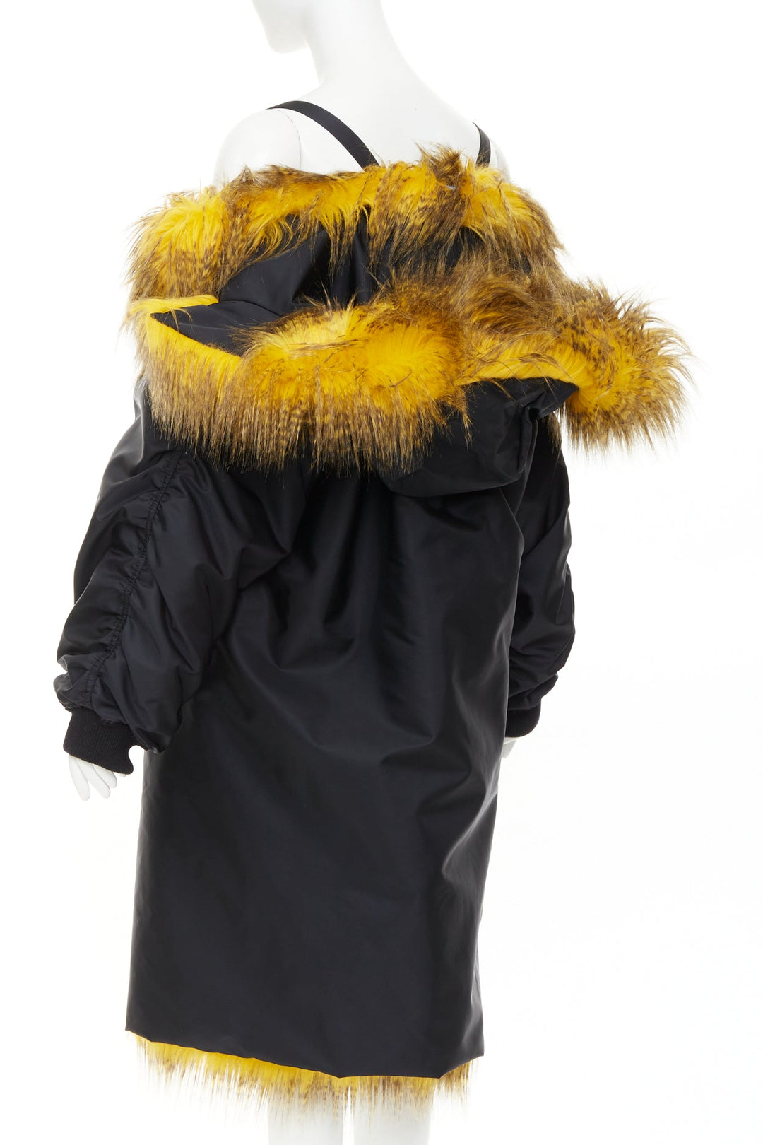 rare PRADA 2021 Raf Simons Runway yellow fur black off shoulder bomber IT38 XS