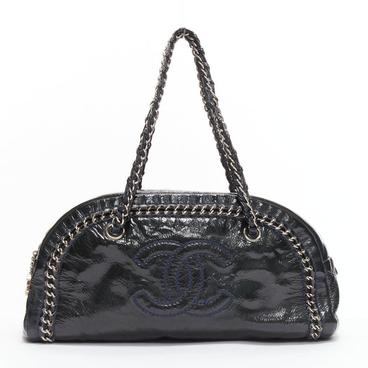 CHANEL Ligne Bowler black patent leather CC woven chain satchel bag