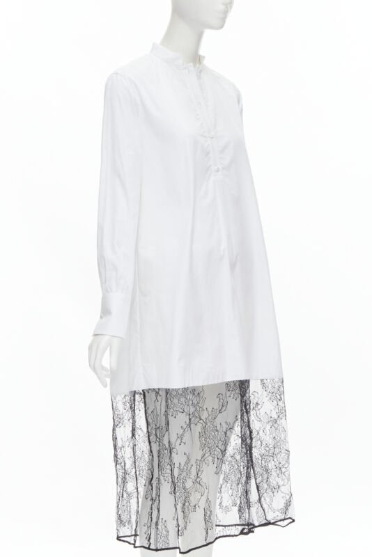 VALENTINO white cotton black floral lace hem shirt dress IT36 XS