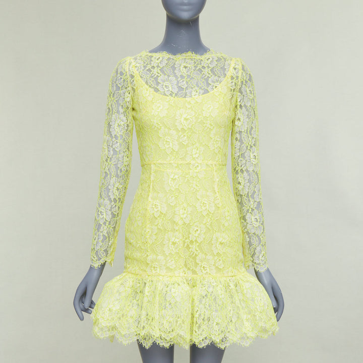 VALENTINO neon yellow cream lace silk lined tulle trim mini dress