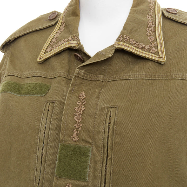 SAINT LAURENT 2018 Saharienne green gold embroidered trim military jacket FR44 L