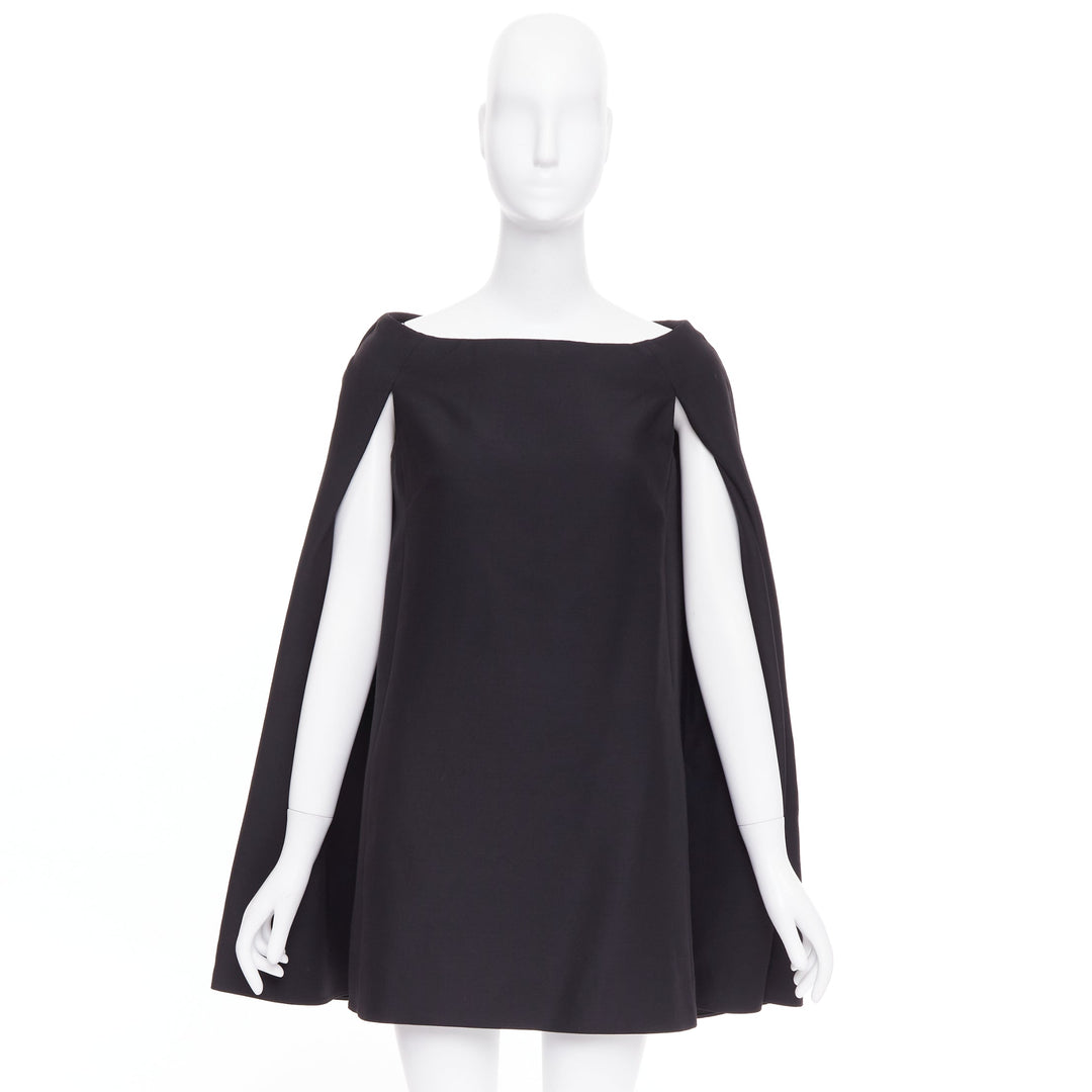 VALENTINO black wool silk bateau darted shoulder cape sleeves mini dress IT38 XS
