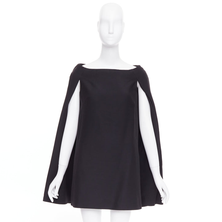 VALENTINO black wool silk bateau darted shoulder cape sleeves mini dress IT38 XS