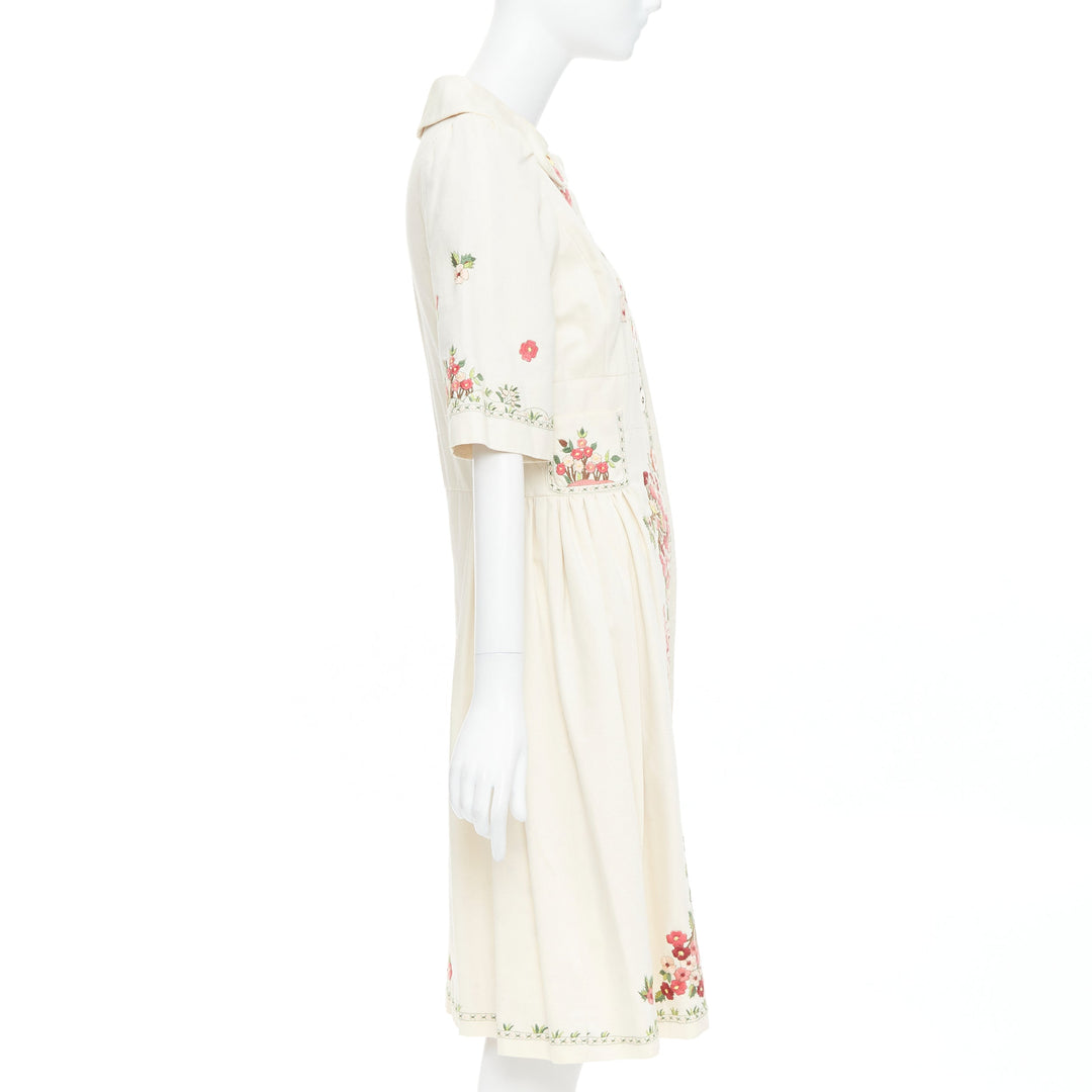 KENZO cream pink floral embroidery cotton peter pan coat dress FR38 M