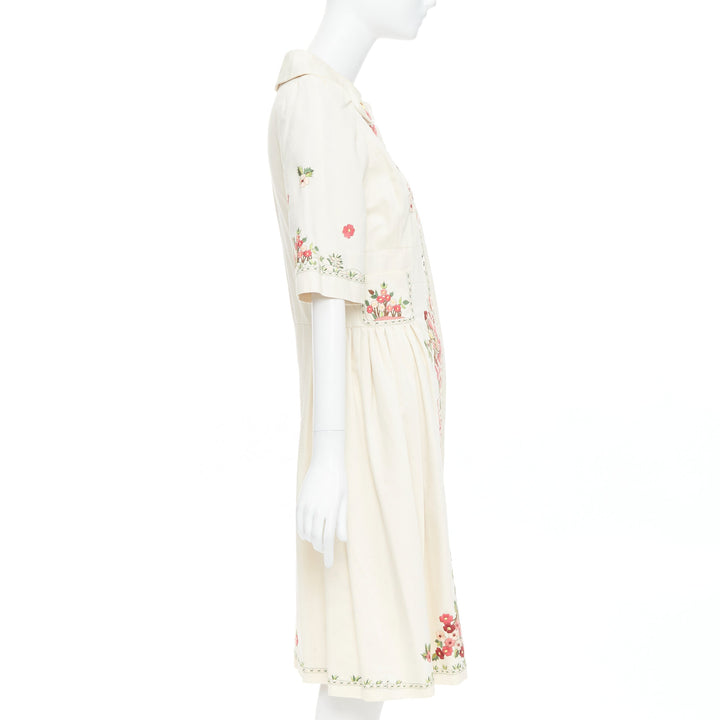 KENZO cream pink floral embroidery cotton peter pan coat dress FR38 M
