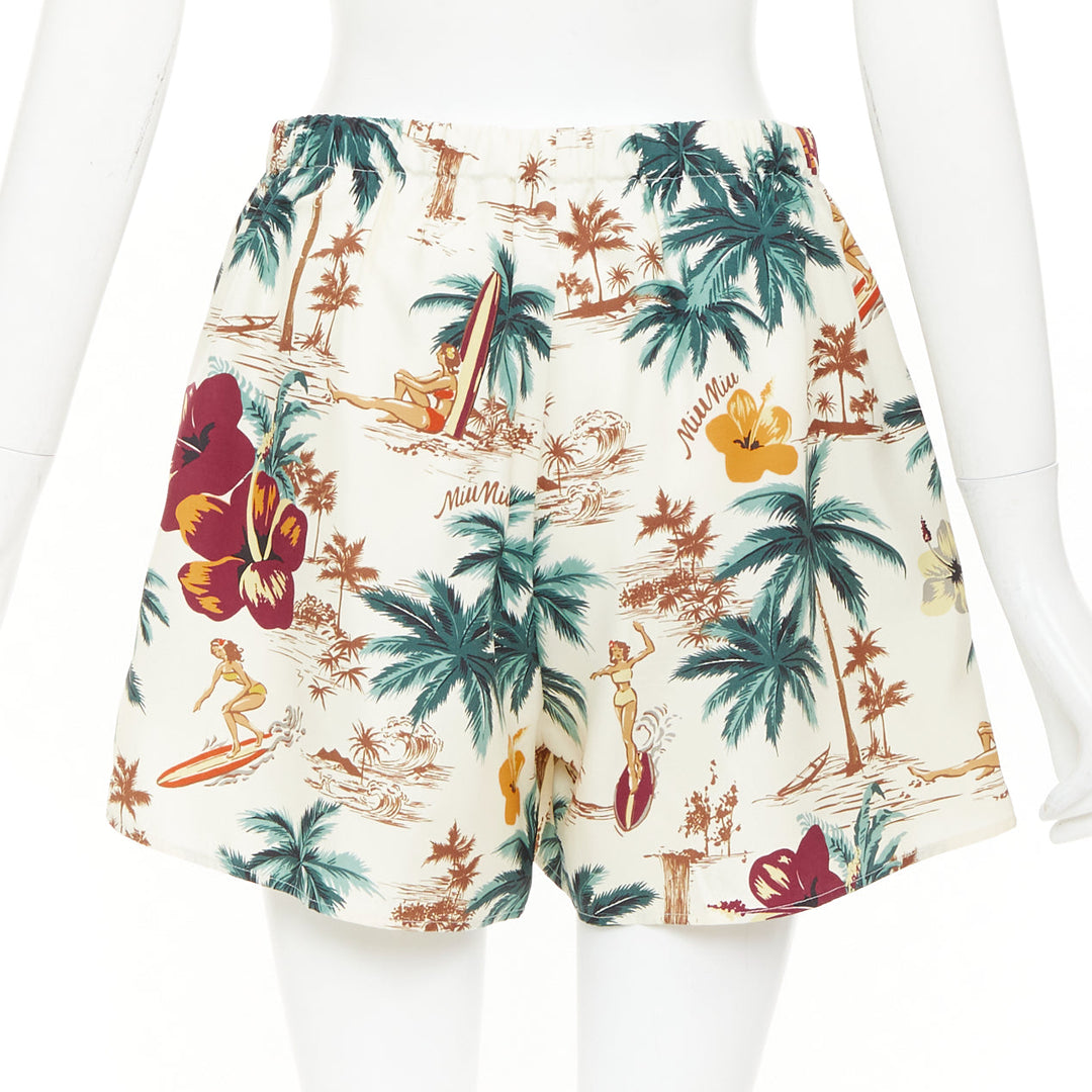 MIU MIU 2023 100% silk multicolor cream Hawaiian Surfer boxer shorts Sz1 XS