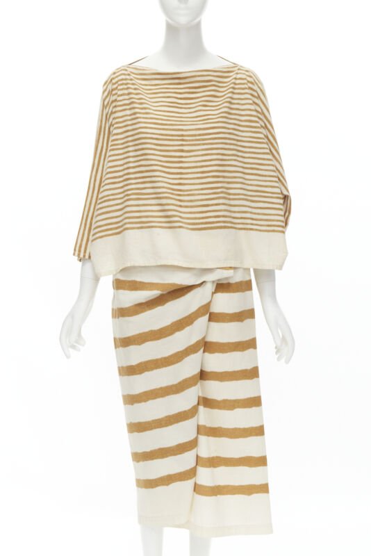 ISSEY MIYAKE 1980's Vintage beige yellow tribal stripe boxy top skirt set