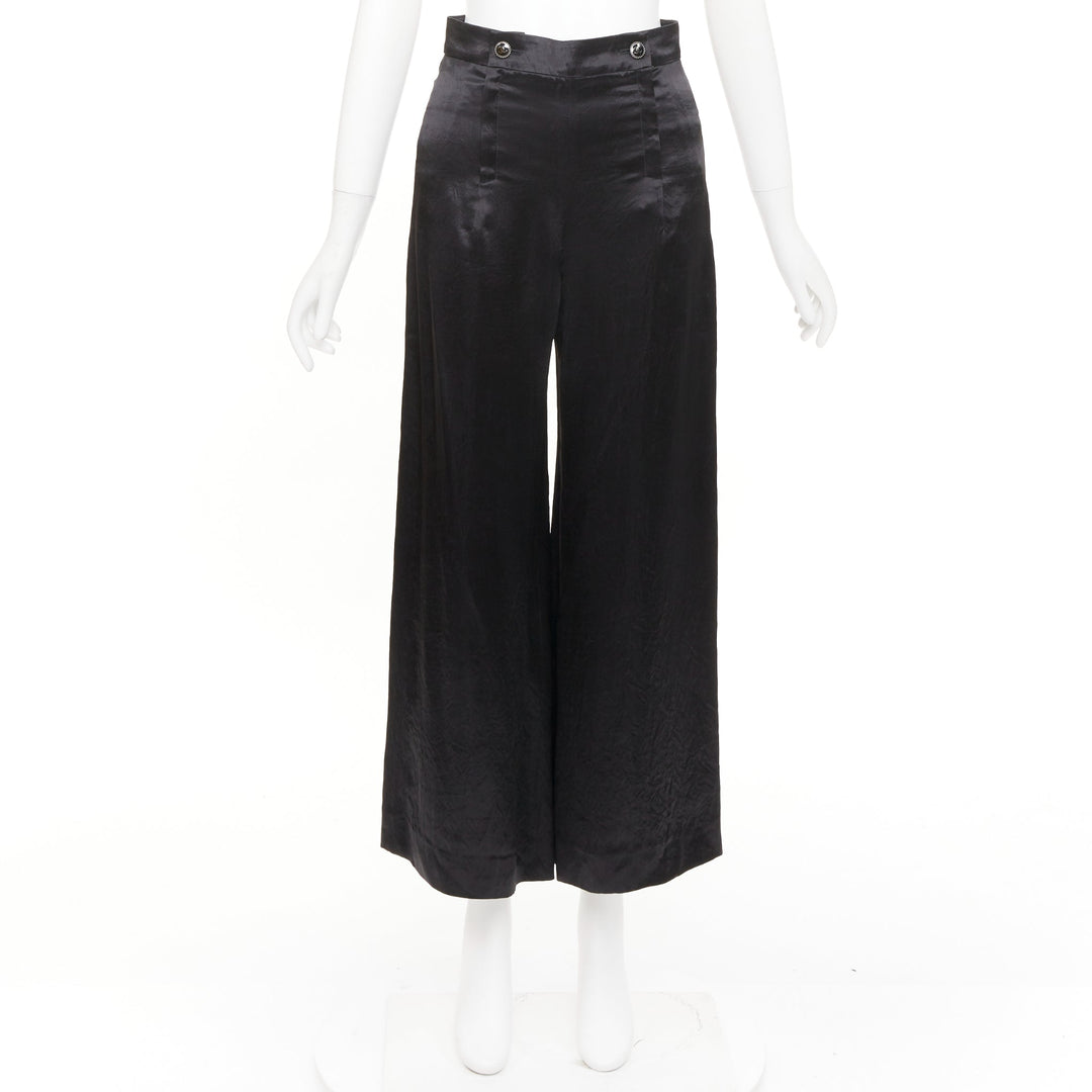CHANEL 2021 Runway black silk wide leg cc resin button sailor trousers FR34 XS
