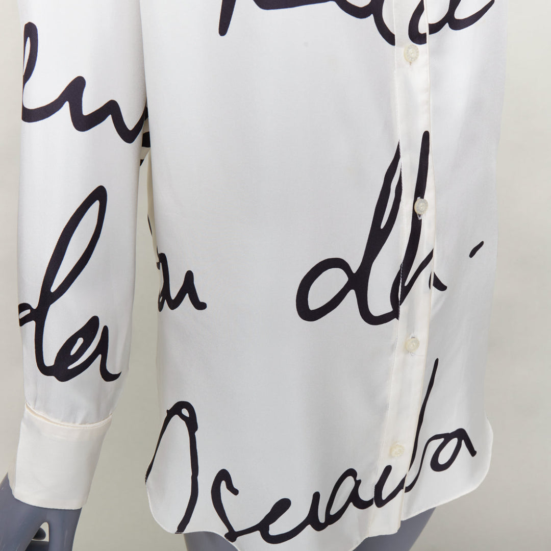 OSCAR DE LA RENTA C21 Runway black cursive script print white silk shirt top XS
