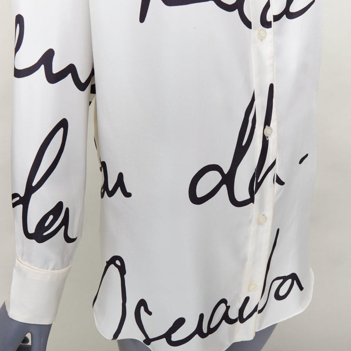 OSCAR DE LA RENTA C21 Runway black cursive script print white silk shirt top XS