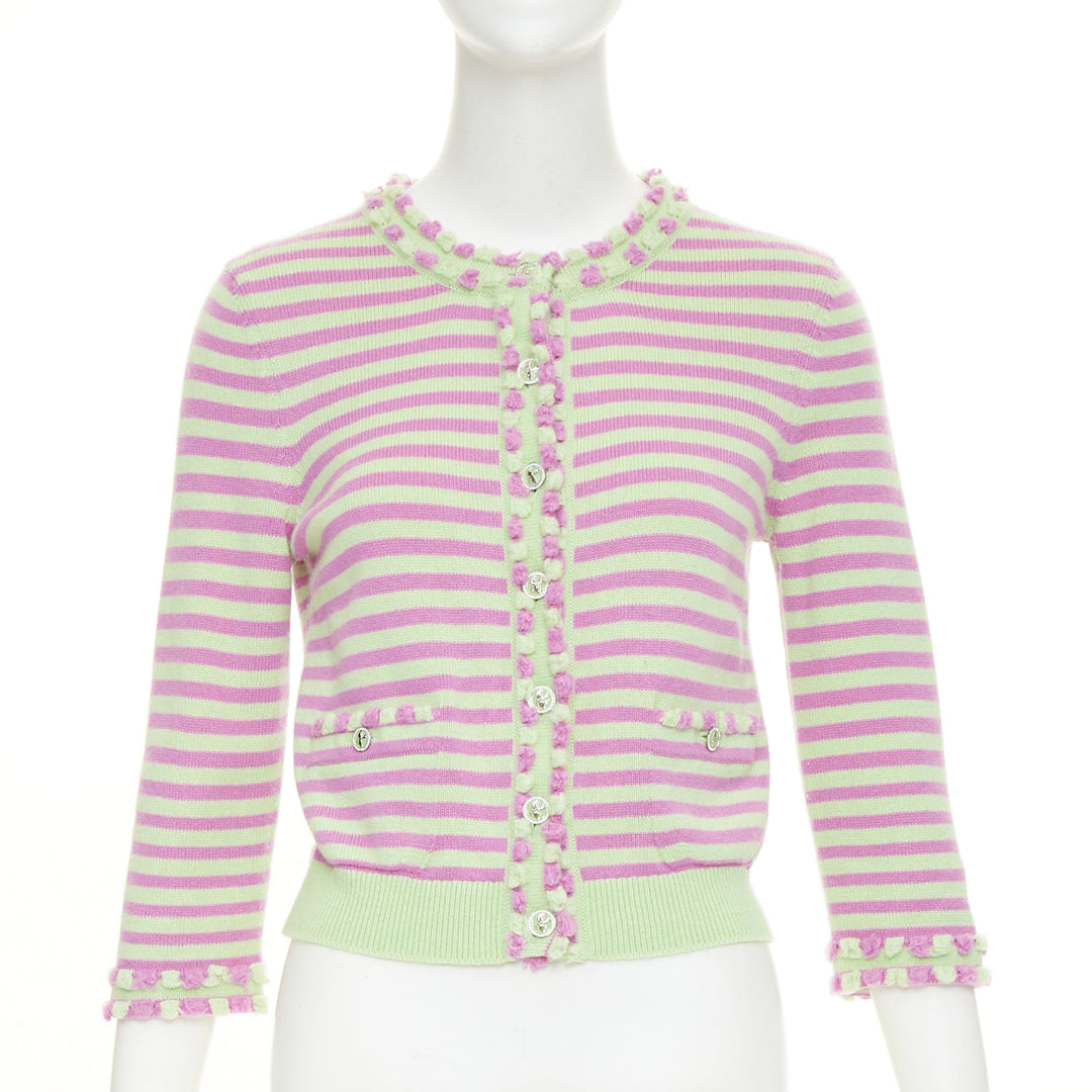 CHANEL 2025 Runway cashmere pink green striped swallow crystal cardigan FR36