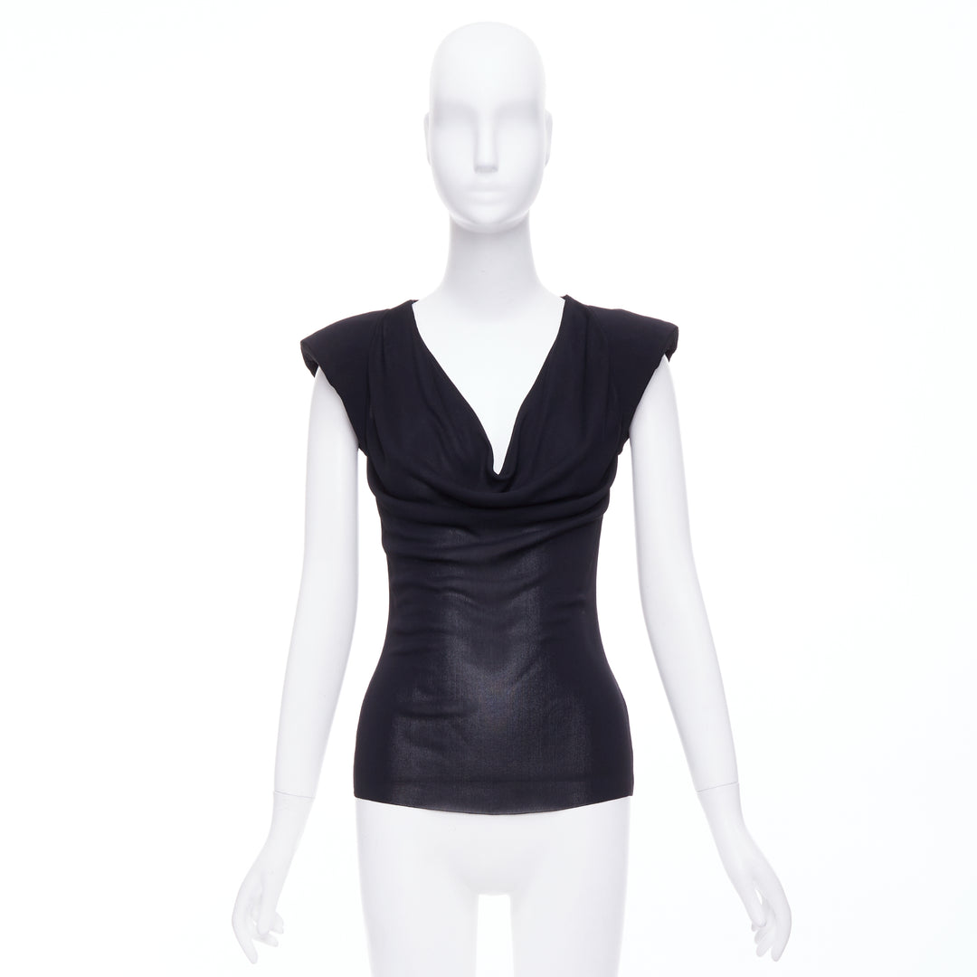 ALEXANDER MCQUEEN black cowl drape neck shoulder pads fitted top