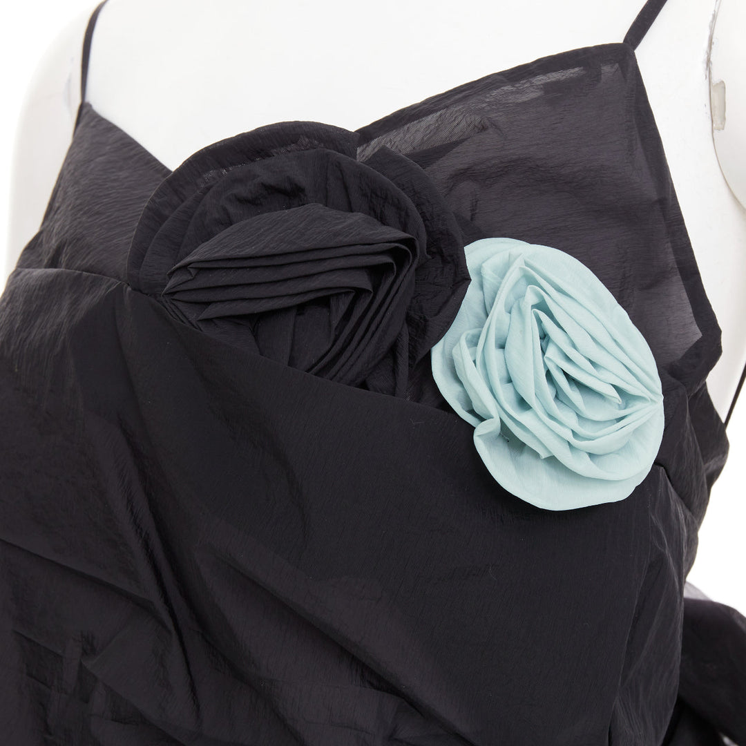 PRADA 2023 Runway black crinkled Re-Nylon crepe rosette draped slip gown IT38 XS