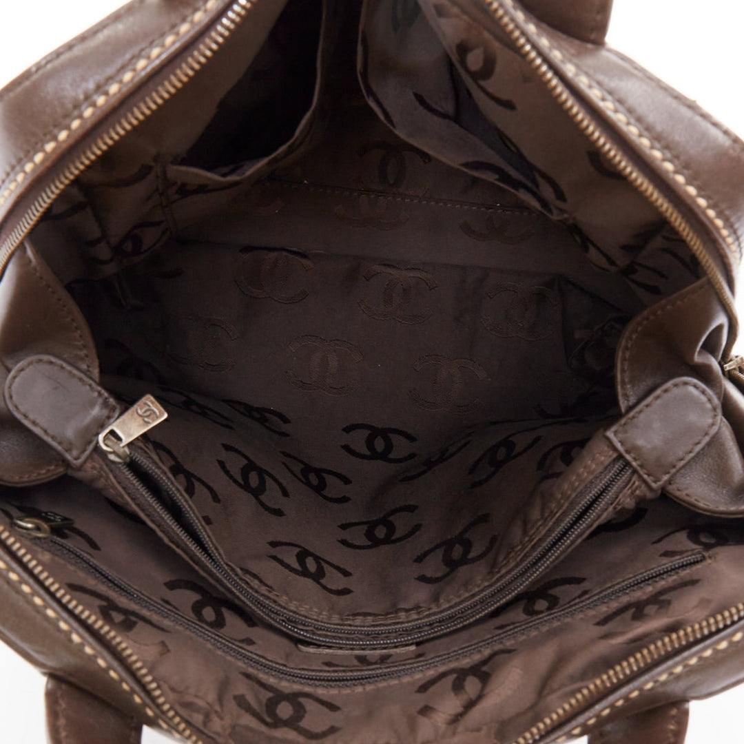 CHANEL Wild Stitch Surpique  brown lambskin leather matelasse bowler bag
