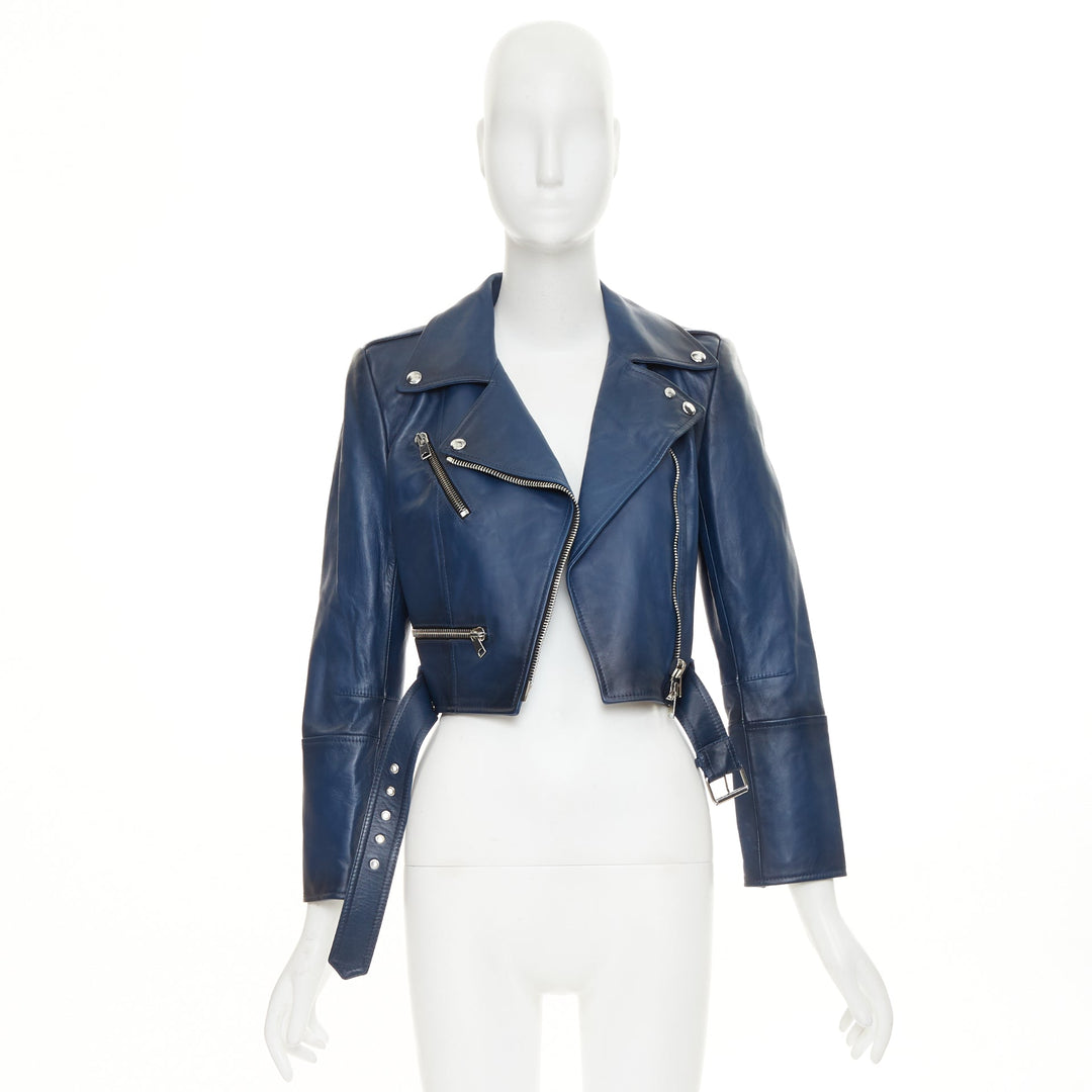 ALEXANDER MCQUEEN Asymmetric blue leather belted cropped biker outerwear IT40 S