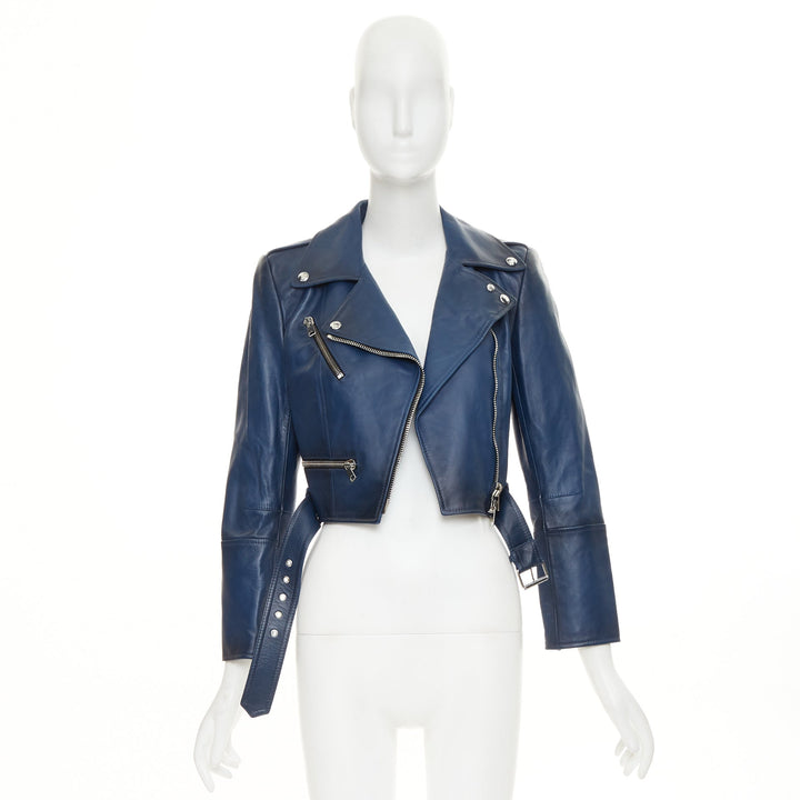 ALEXANDER MCQUEEN Asymmetric blue leather belted cropped biker outerwear IT40 S