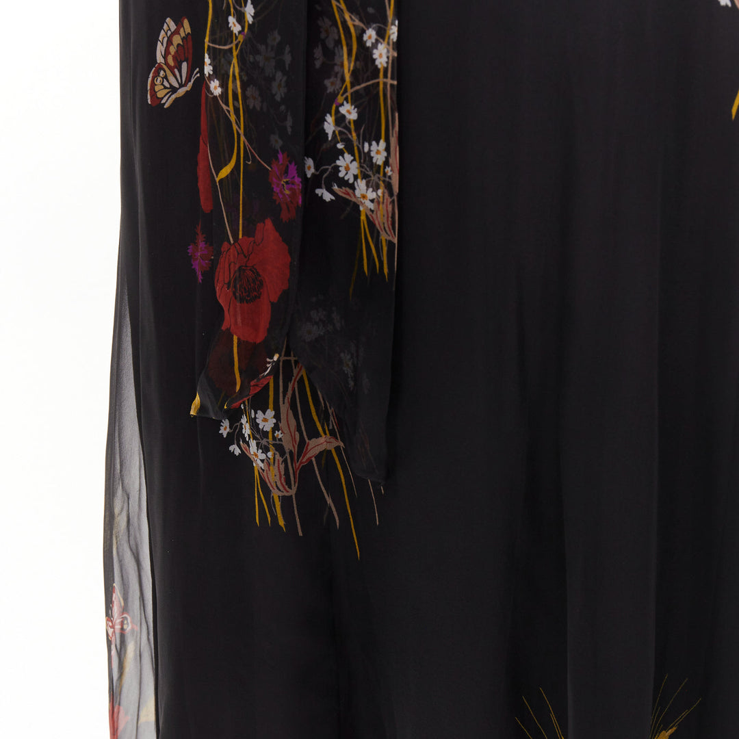 VALENTINO 2019 100% silk black Poppy Meadow chiffon tie neck midi dress IT40 S