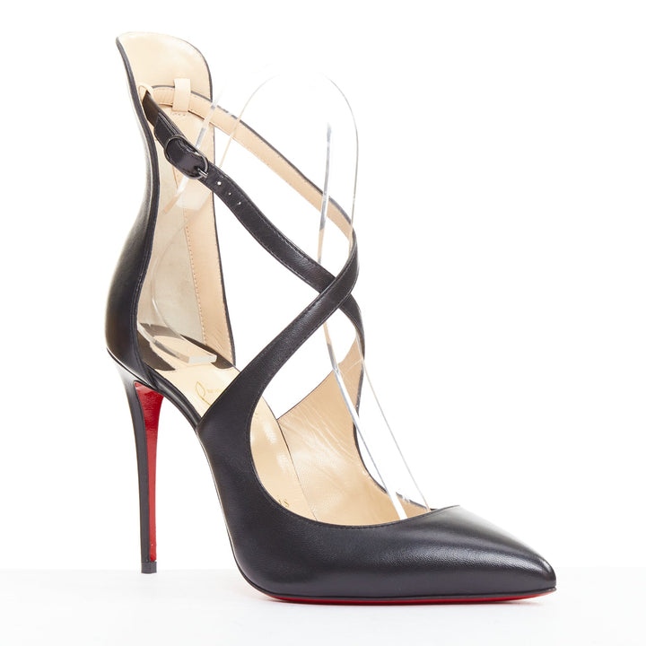 CHRISTIAN LOUBOUTIN Marlenarock 100 black calfskin cross strap pumps EU37.5