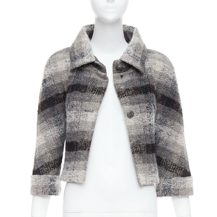 CHANEL 18B Fantasy tweed grey checked sequinned wool crop jacket FR38 M