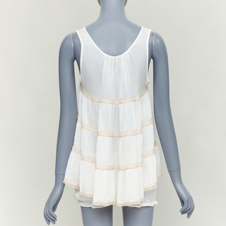 KIKI DE MONTPARNASSE silk cream babydoll bow tiered bloomer nightwear set M