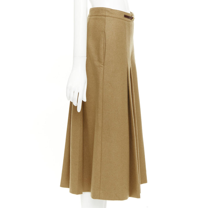 CELINE camel brown wool gabardine horsebit belt box pleated skort FR36 S