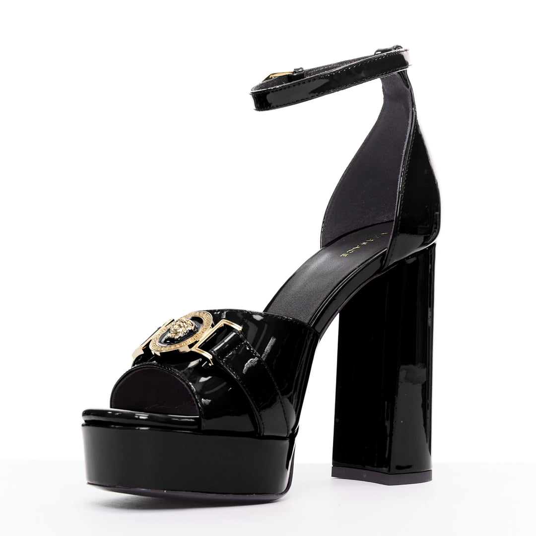 VERSACE Tribute black patent gold Medusa open toe platform sandal EU39