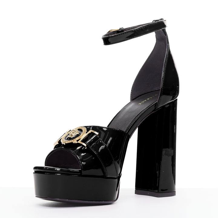 VERSACE Tribute black patent gold Medusa open toe platform sandal EU41