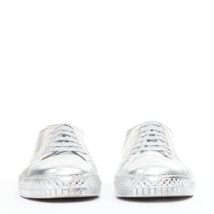 CHANEL 2017 metallic silver leather glitter lace up low top sneakers EU38.5