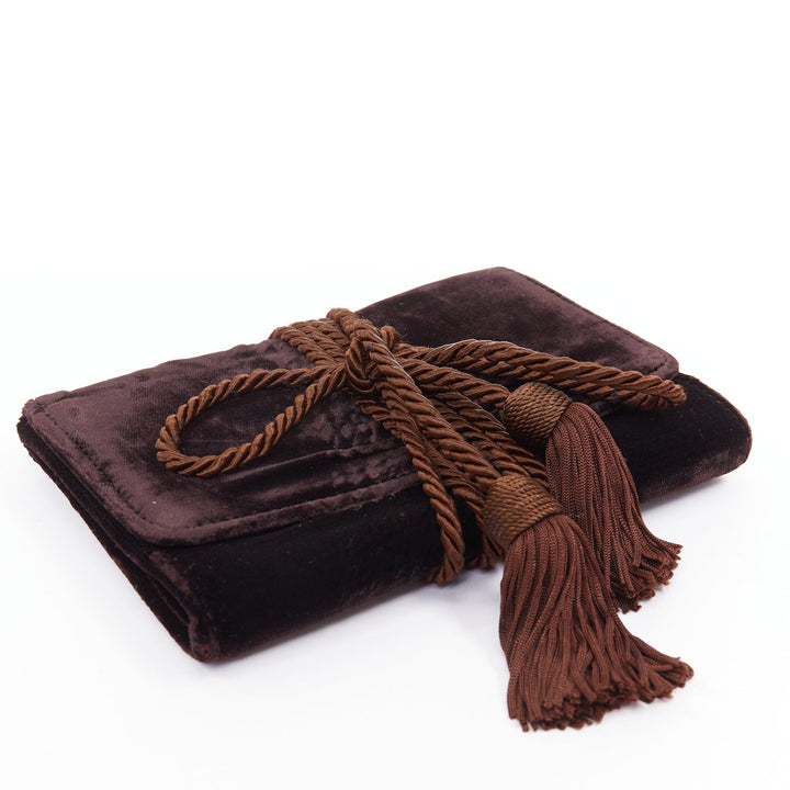 GIORGIO ARMANI brown velvet twisted tassel cord trim envelope pouch clutch bag