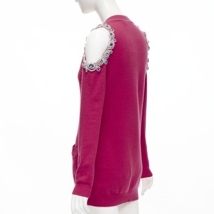 MOSCHINO fuschia pink cashmere crystal jewel cold shoulder cardigan IT38