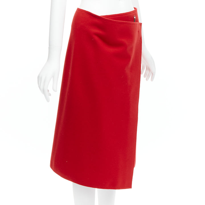 OLD CELINE Phoebe Philo red wool minimal exposed hook bar wrap skirt FR38 M