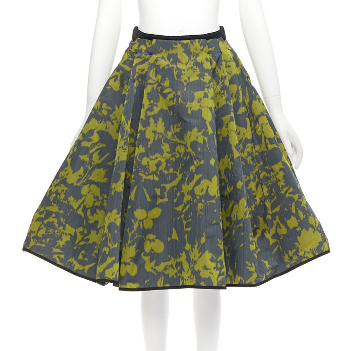 LOUIS VUITTON green floral jacquard velvet trim LV zip flared skirt